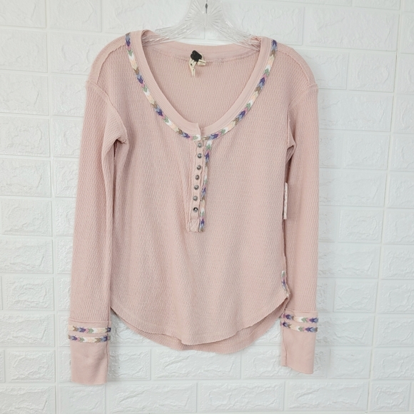 Nwt FREE PEOPLE Rainbow Thermal Henley Top | Pink | Size- XS - Picture 4 of 12